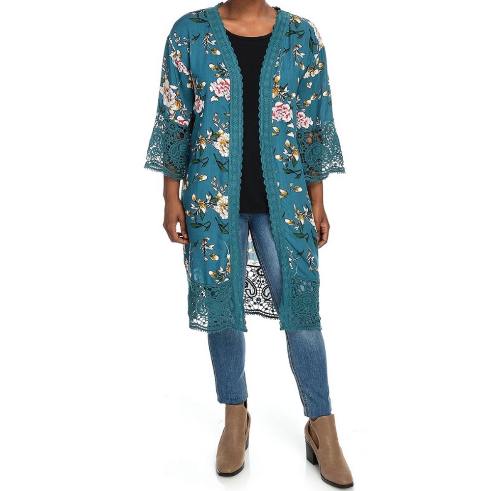 Indigo Thread Co 3/4 Sleeve Crochet Trim Cardigan